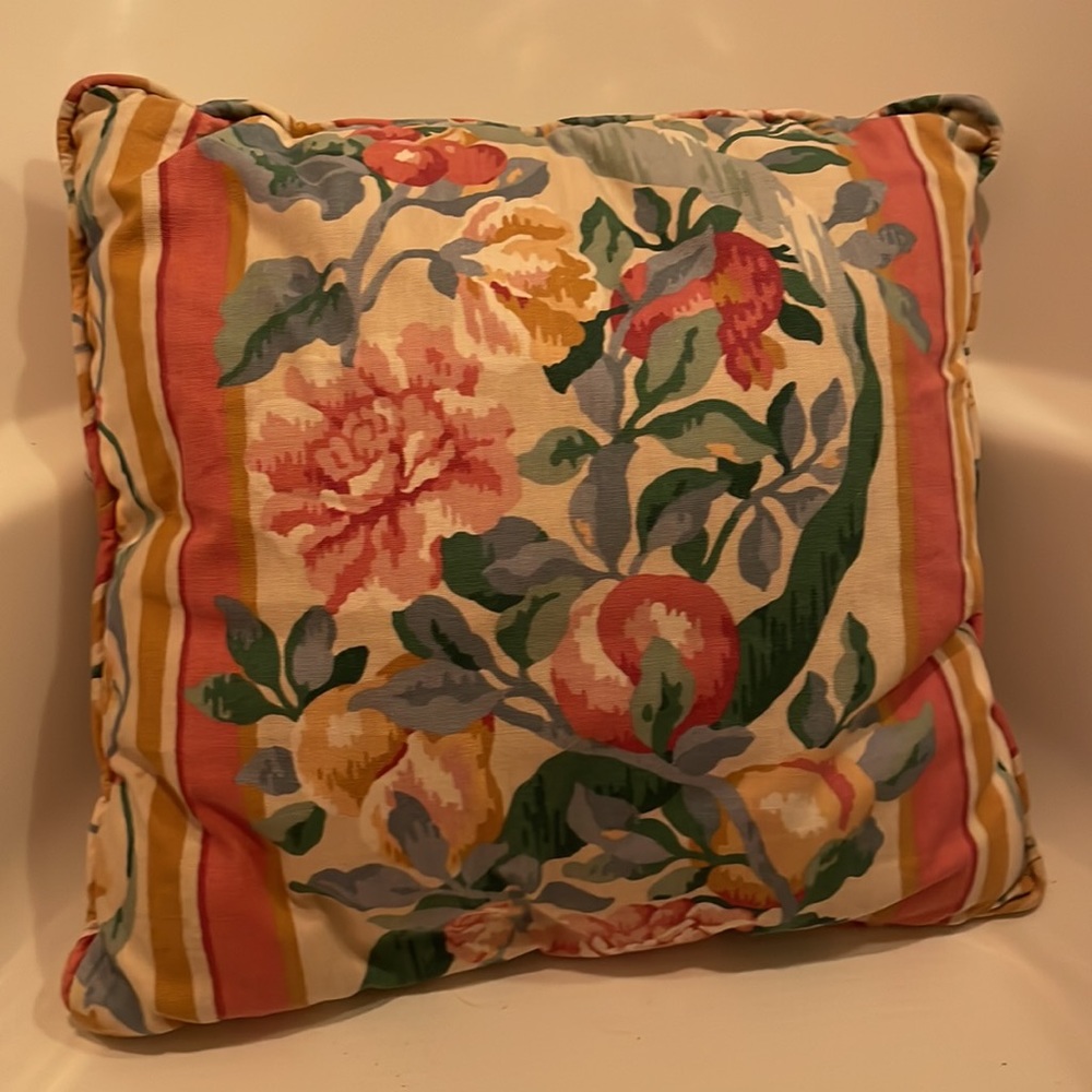 Vtg 1990s custom accent pillow floral green blue rose yellow white couch sofa